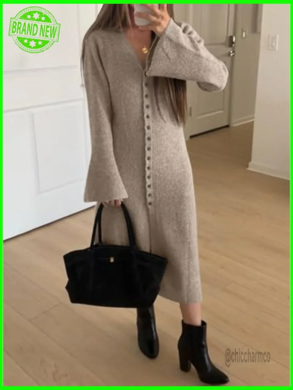 Long Bell Sleeve Cardigan Sweater Dress V-Neck Button Down Midi Duster - Picture 4 of 5